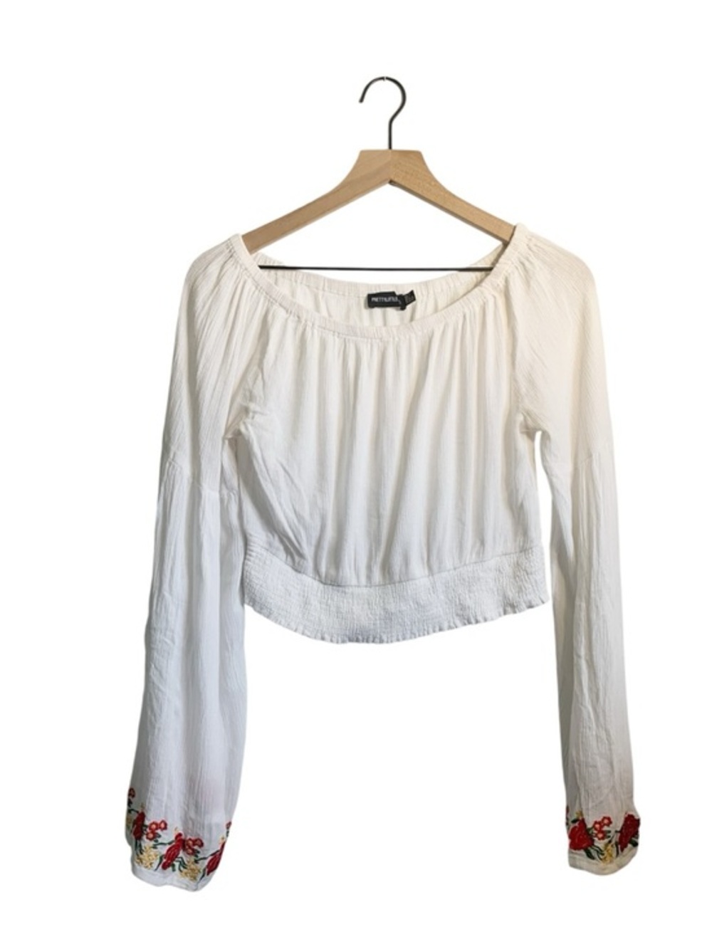 PrettyLittleThing White Cropped Peasant Top with Floral Sleeve Embroidery M